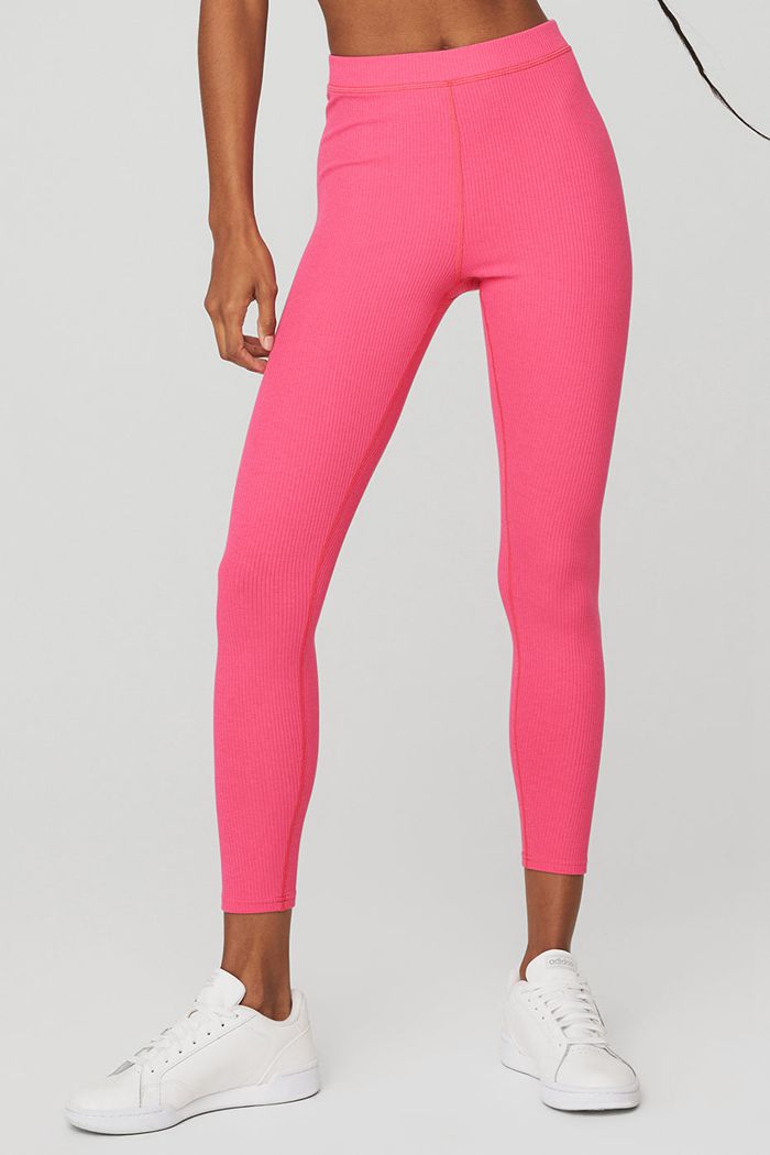 Leggins Alo Yoga Ribbed High-Cintura 7/8 Blissful Mujer Rosas Fucsia | 204583JYH