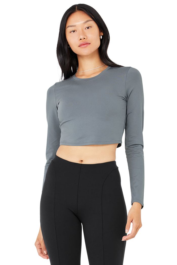 Long Sleeve Alo Yoga Alosoft Crop Finesse Mujer Grises | 961724FUW