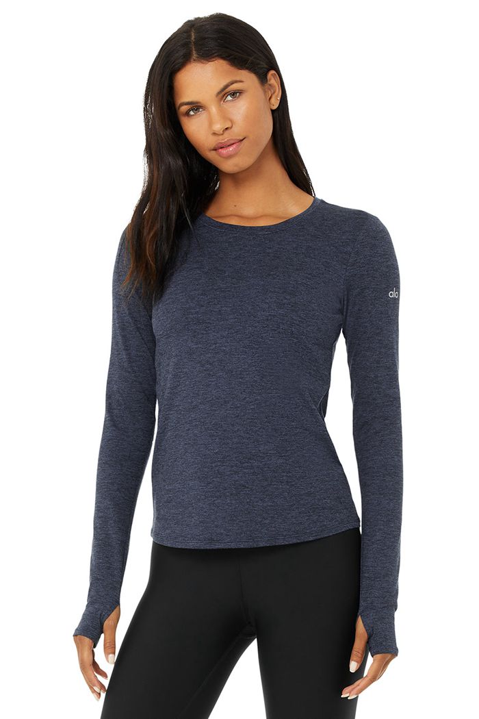 Long Sleeve Alo Yoga Alosoft Finesse Mujer Azul Marino | 193207QDU