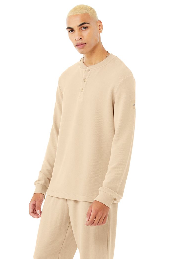 Long Sleeve Alo Yoga Micro Waffle Fast Break Henley Hombre Marrom | 162849INZ