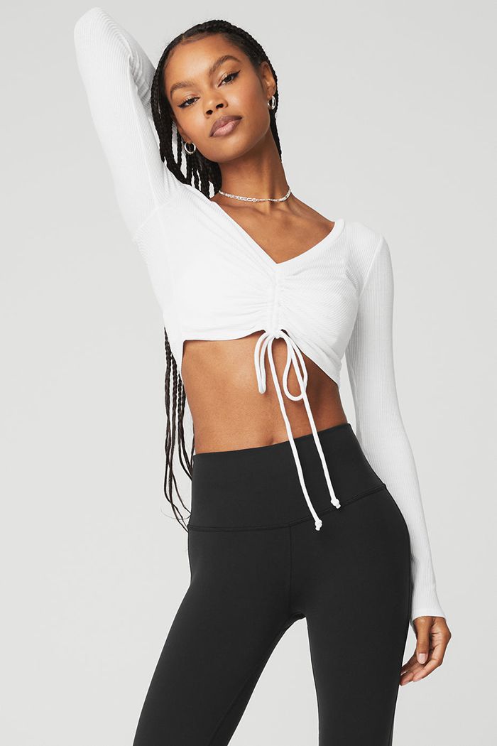 Long Sleeve Alo Yoga Ribbed Cinch Cropped Mujer Blancos | 305918ZTL