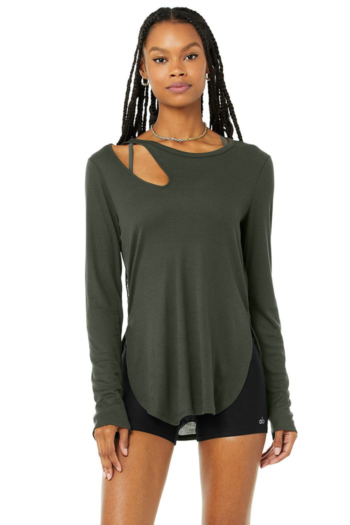 Long Sleeve Alo Yoga Ribbed Peak Mujer Verdes Oscuro | 861735WLN