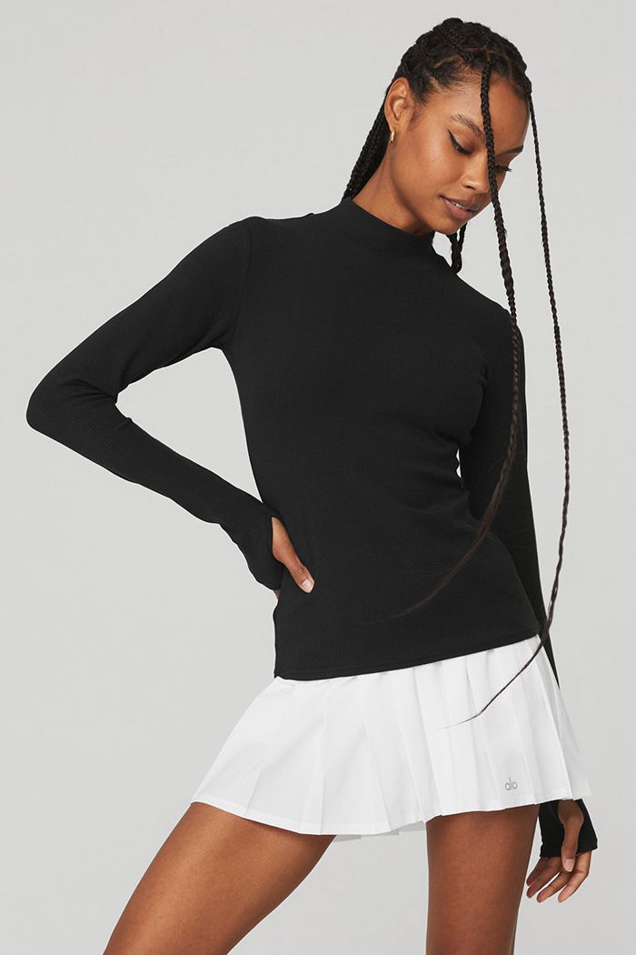 Long Sleeve Alo Yoga Wellness Rib Mock Neck Mujer Negros | 389426QNM