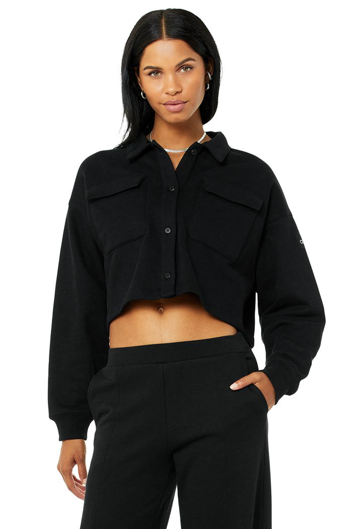 Pullover Alo Yoga Renown Cropped Button-Up Mujer Negros | 720816VUM