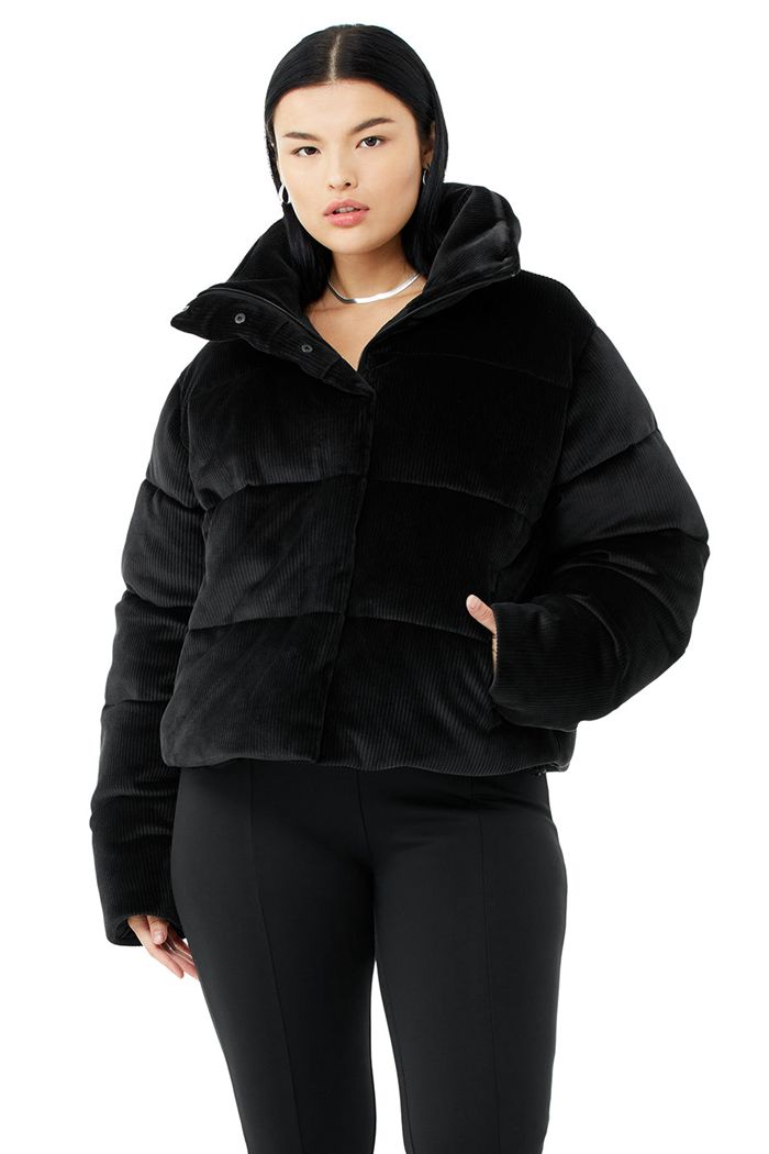 Chaquetas Alo Yoga Ribbed Velour Gold Rush Puffer Mujer Negros | 104389FZW