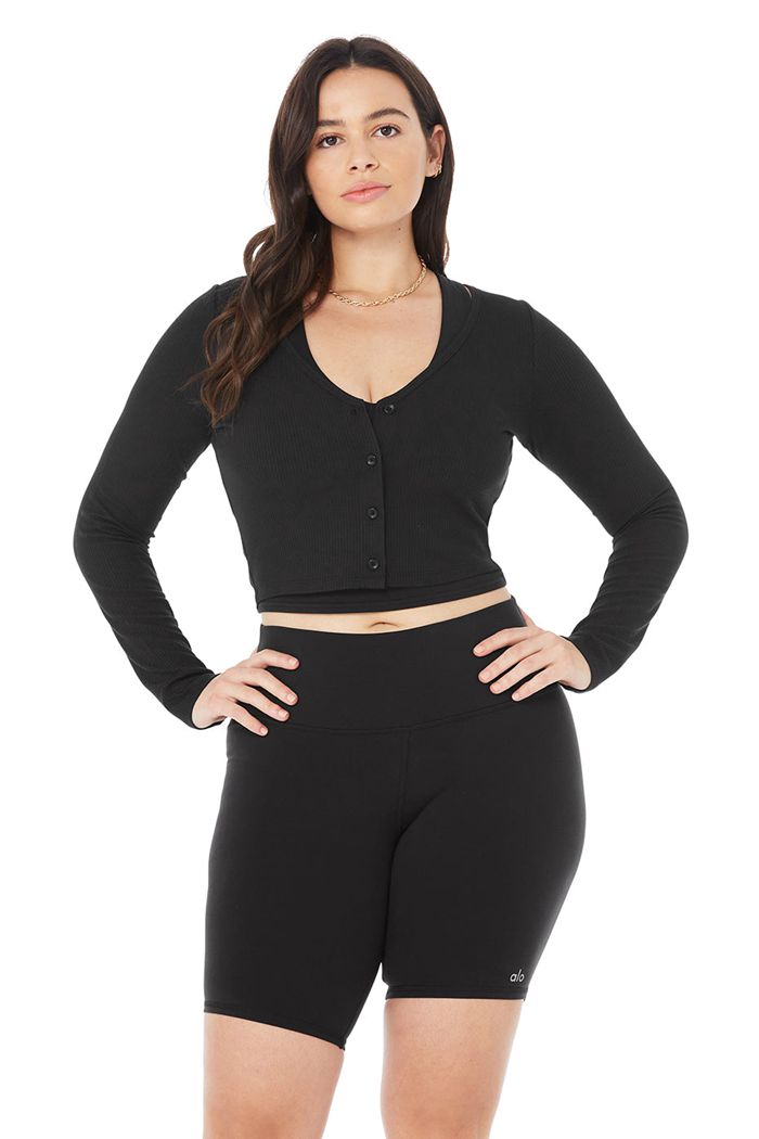 Cárdigan Alo Yoga Ribbed Cropped Whisper Mujer Negros | 035821EHX