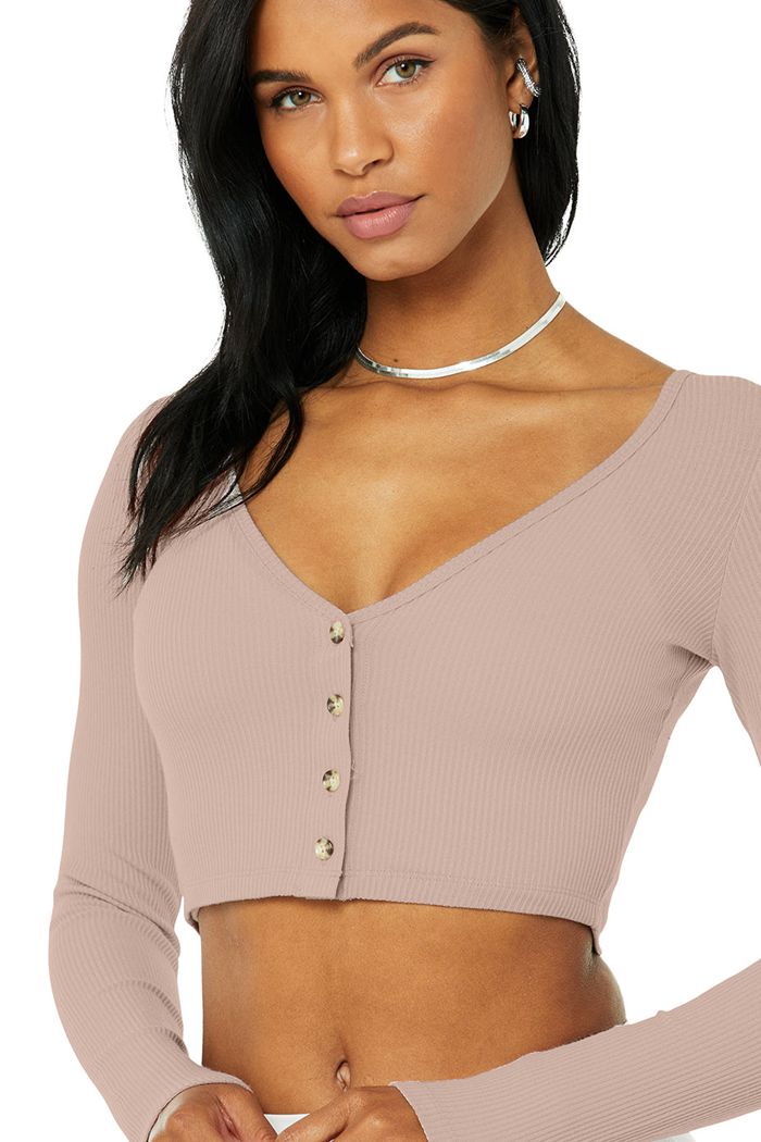 Cárdigan Alo Yoga Ribbed Cropped Whisper Mujer Rosas | 567143CDK