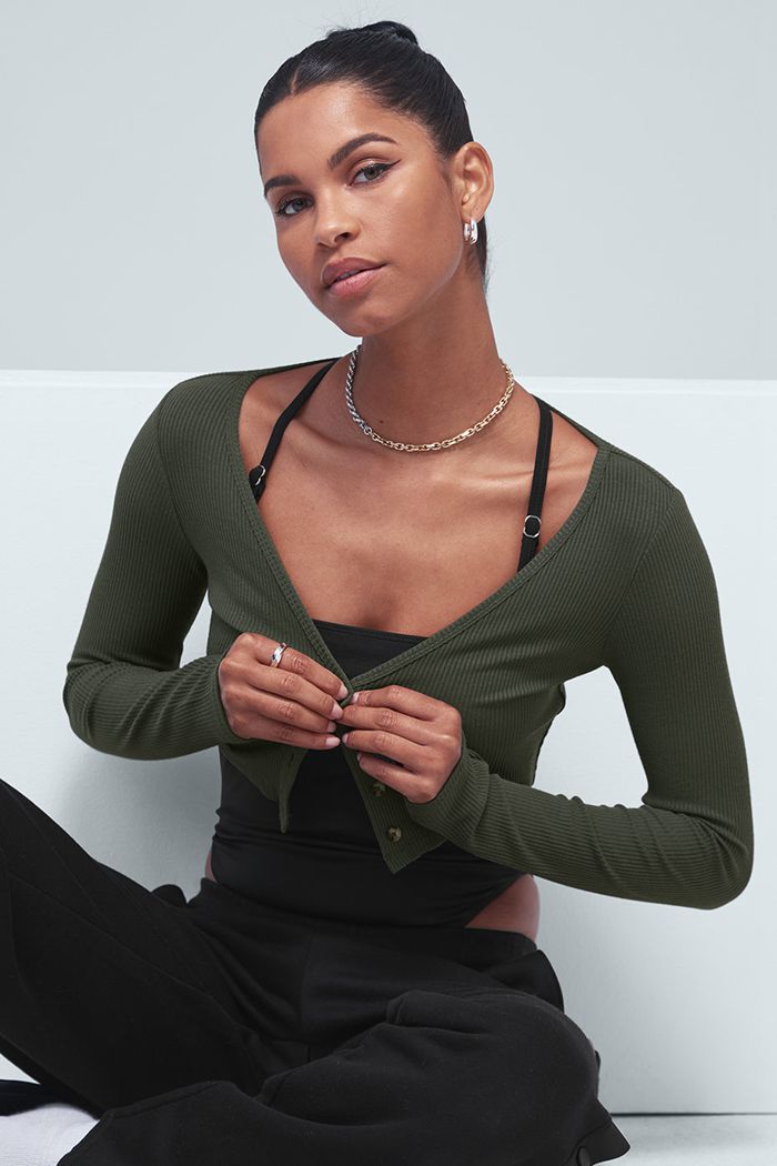 Cárdigan Alo Yoga Ribbed Cropped Whisper Mujer Verdes Oscuro | 792053IUK