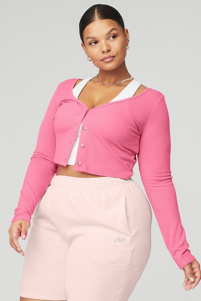 Cárdigan Alo Yoga Ribbed Cropped Whisper Mujer Rosas Fucsia | 924016ZHB