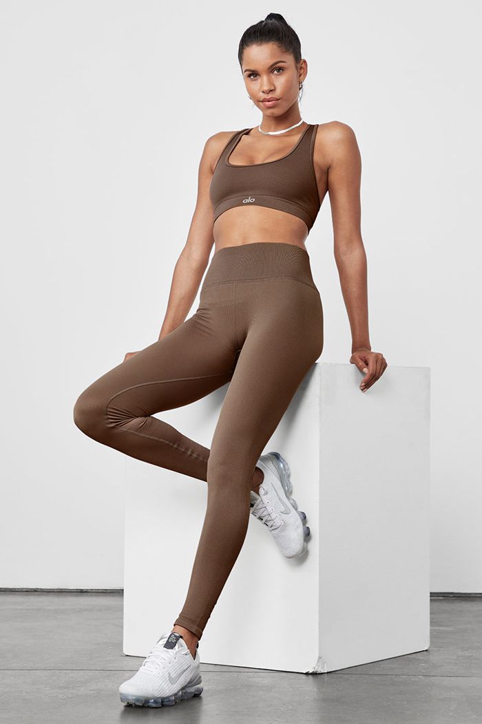 Leggins Alo Yoga Seamless High-Cintura Ribbed Mujer Marrom | 174069TCJ