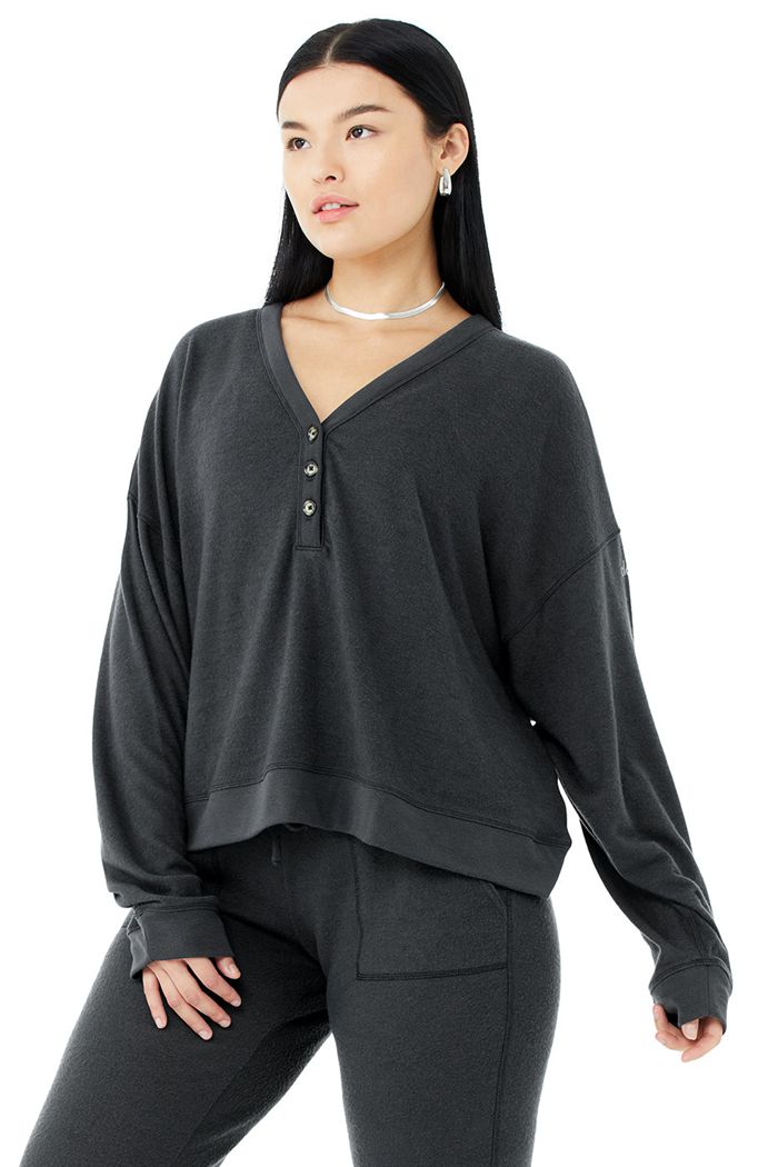 Long Sleeve Alo Yoga Alolux Soho Cropped Henley Mujer Grises Oscuro | 607452KLV