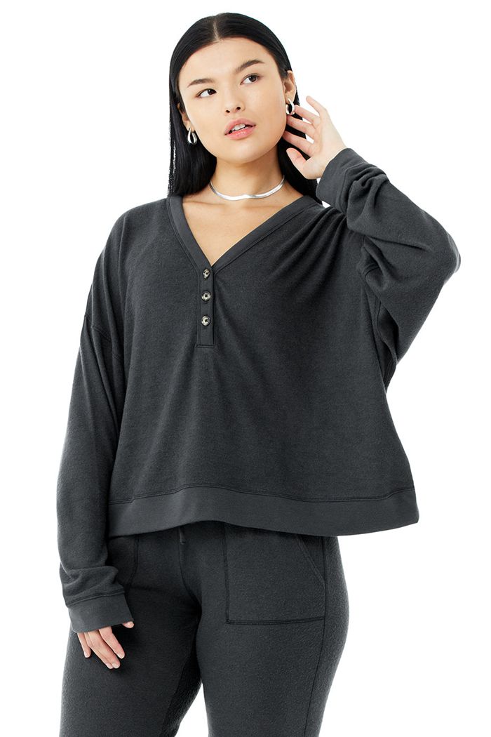 Long Sleeve Alo Yoga Alolux Soho Cropped Henley Mujer Grises Oscuro | 607452KLV