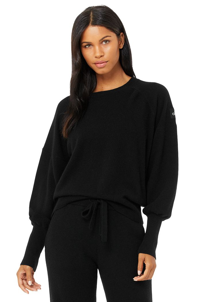 Long Sleeve Alo Yoga Cashmere Jet Set Crew Mujer Negros | 107845KCP