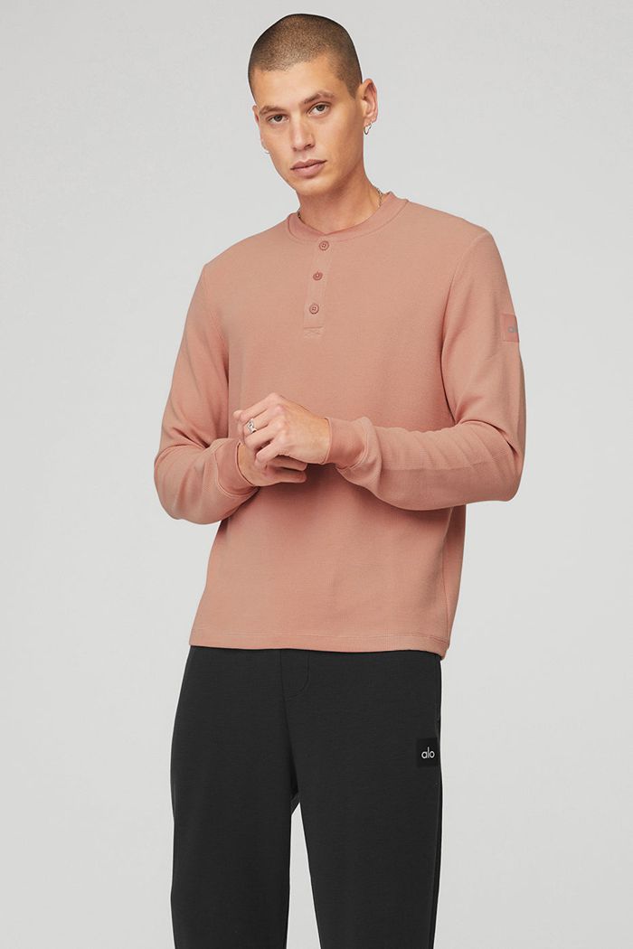 Long Sleeve Alo Yoga Micro Waffle Fast Break Henley Hombre Rosas | 169354MZW