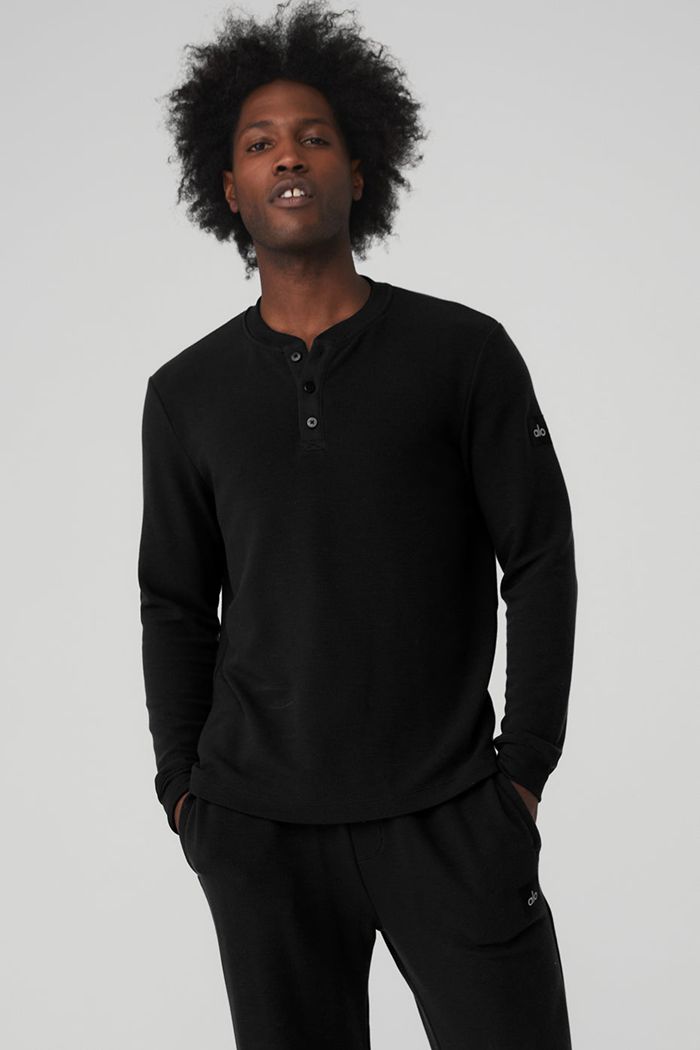 Long Sleeve Alo Yoga Micro Waffle Fast Break Henley Hombre Negros | 902368AMU