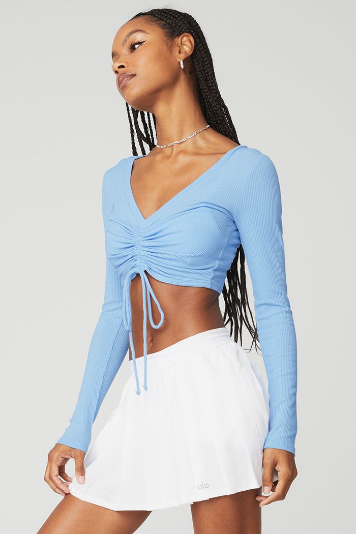 Long Sleeve Alo Yoga Ribbed Cinch Cropped Mujer Azules | 173620EWS