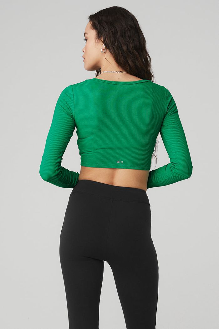 Long Sleeve Alo Yoga Ribbed Cinch Cropped Mujer Verdes Turquesa | 234650RQA