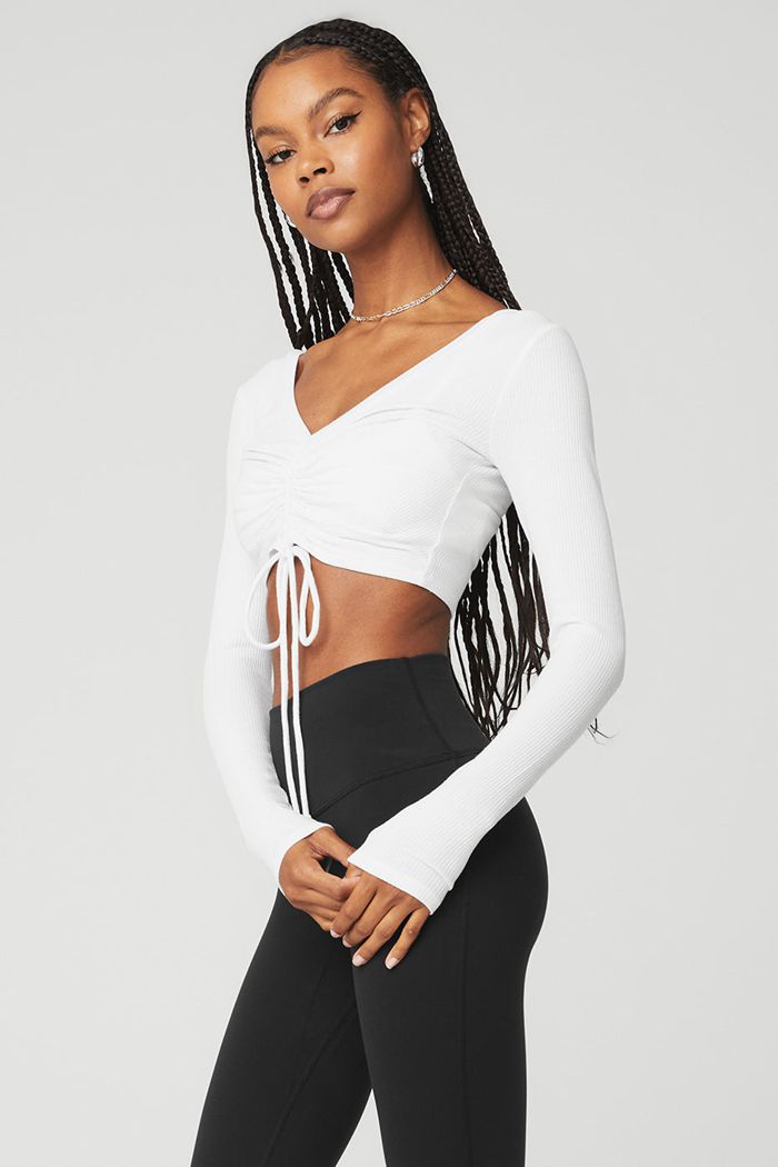 Long Sleeve Alo Yoga Ribbed Cinch Cropped Mujer Blancos | 305918ZTL