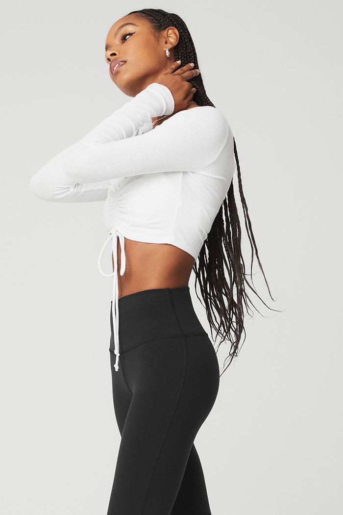 Long Sleeve Alo Yoga Ribbed Cinch Cropped Mujer Blancos | 305918ZTL