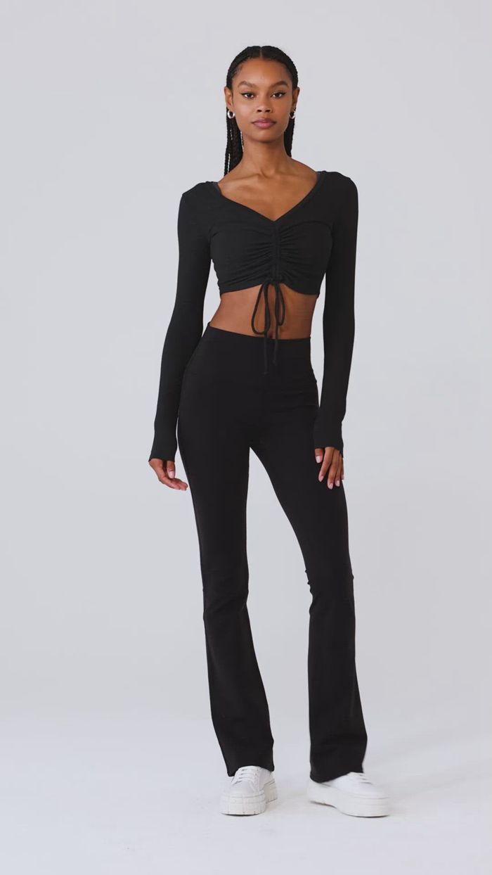 Long Sleeve Alo Yoga Ribbed Cinch Cropped Mujer Negros | 820579PJC