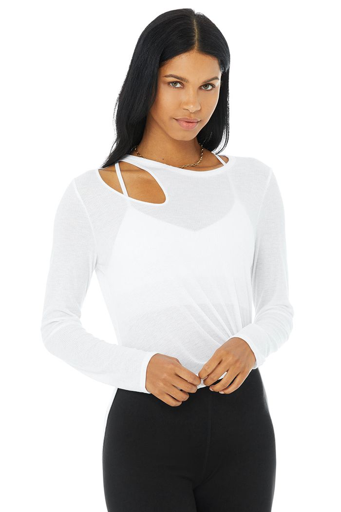 Long Sleeve Alo Yoga Ribbed Peak Mujer Blancos | 491760DBN