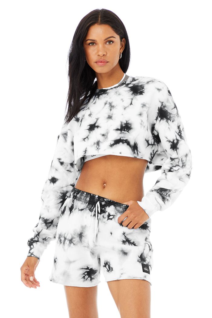 Long Sleeve Alo Yoga Tie-Dye Extreme Crop Crew Neck Mujer Negros Blancos | 196345HXG