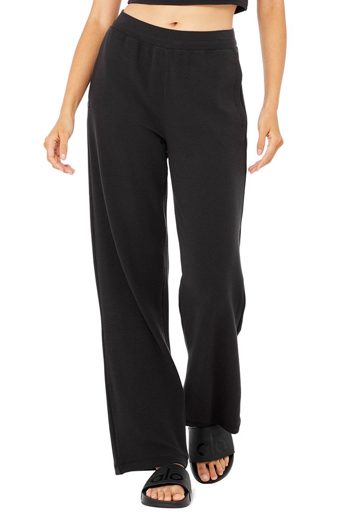 Pantalones Alo Yoga Micro Waffle High-Cintura Pleasant Anchos Leg Mujer Negros | 631089CMA