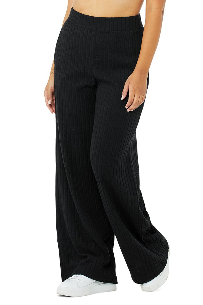 Pantalones Alo Yoga Ribbed Take Comodidad Anchos Leg Mujer Negros | 237198WXZ