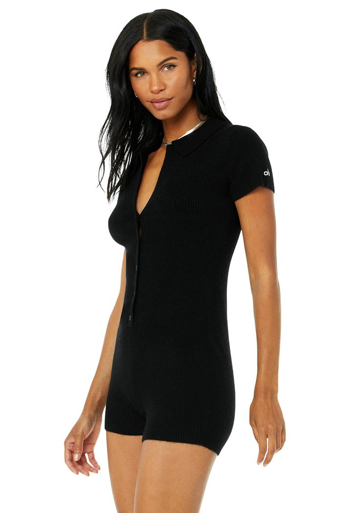 Playsuit Alo Yoga Cashmere Ribbed Staycation Playsuit Mujer Negros | 541768BYE