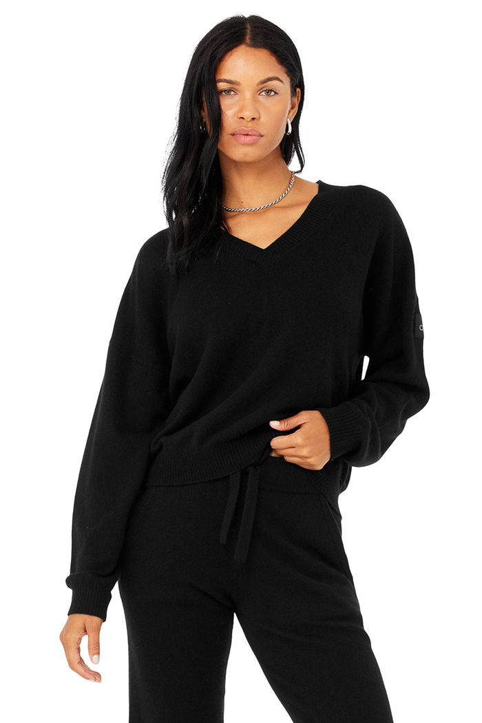 Pullover Alo Yoga Cashmere Jet Set V-Neck Mujer Negros | 023159VFW