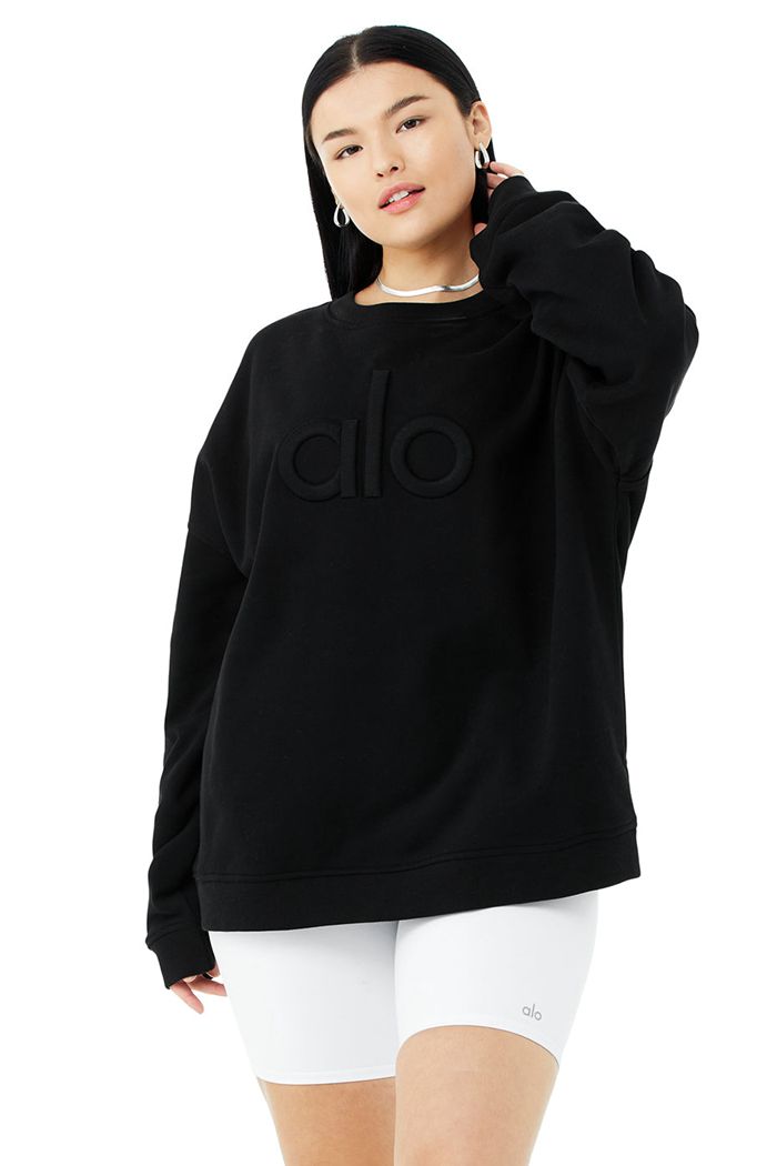 Pullover Alo Yoga Renown Heavy Weight Emblem Crew Neck Mujer Negros | 512386AHP