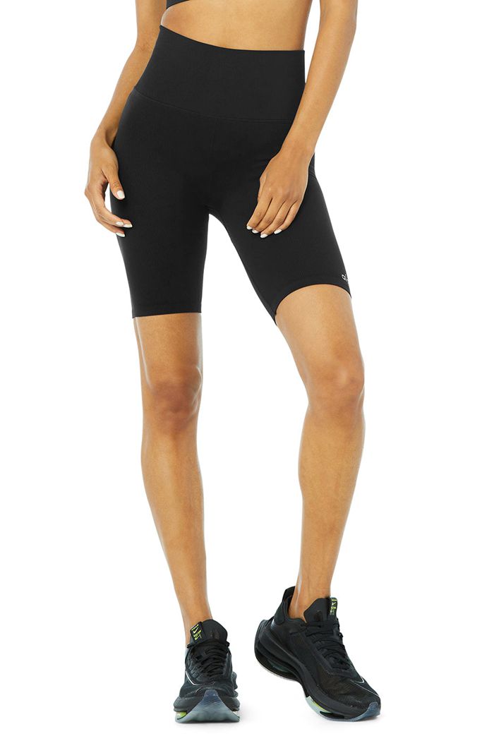 Short Alo Yoga Seamless High-Cintura Ribbed Ciclismo Mujer Negros | 794612TCK