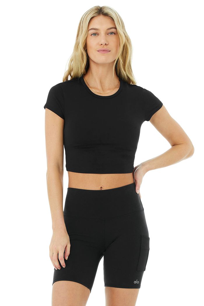 Short Sleeve Alo Yoga Alosoft Crop Finesse Mujer Negros | 386214IQR