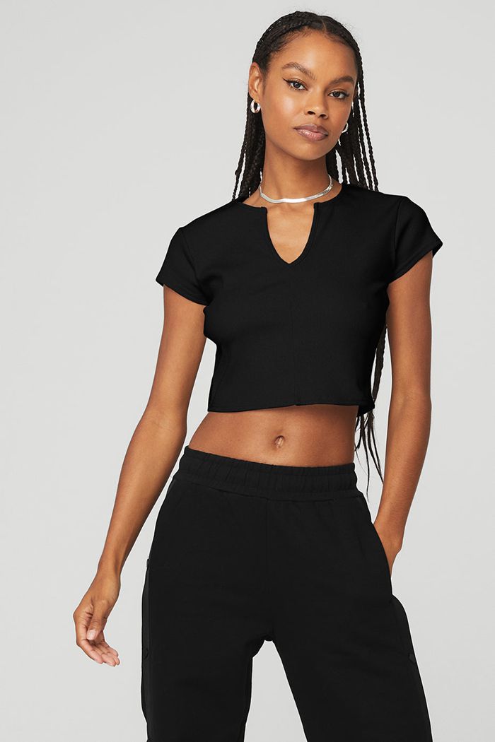 Short Sleeve Alo Yoga Ribbed Cropped Savvy Mujer Negros | 375194DGN