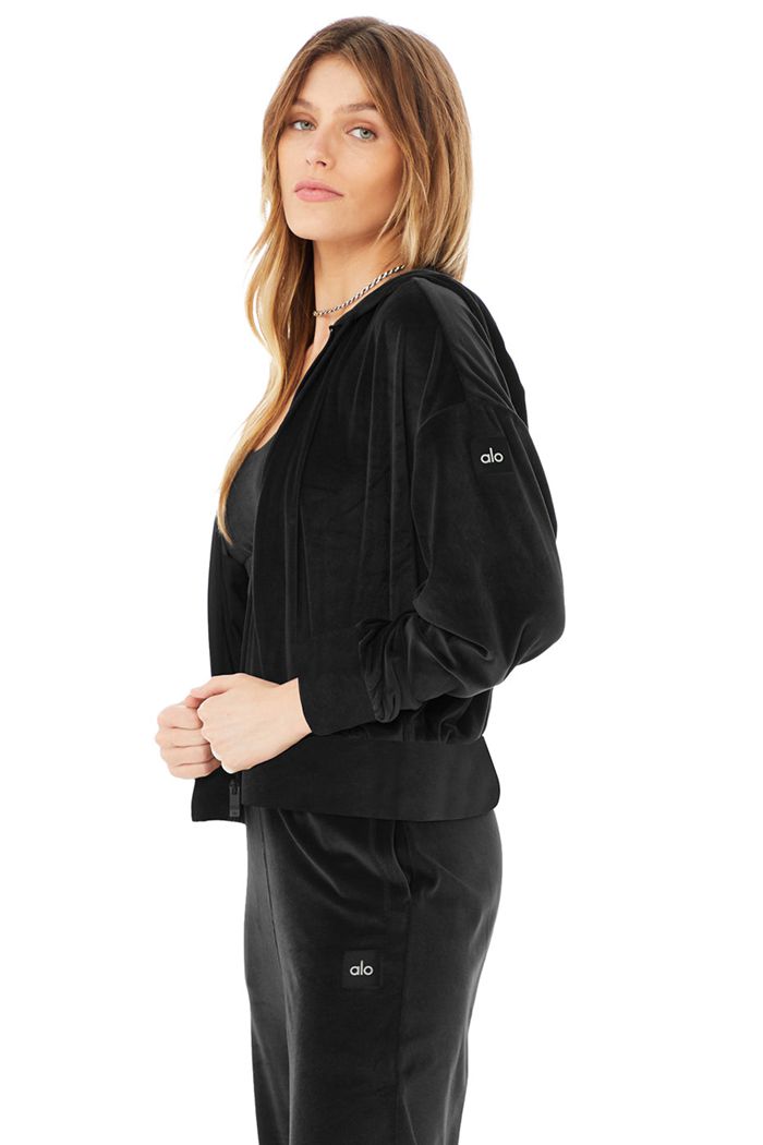 Sudadera Con Capucha Alo Yoga Velour Glimmer Full Zip Mujer Negros | 290371GNC