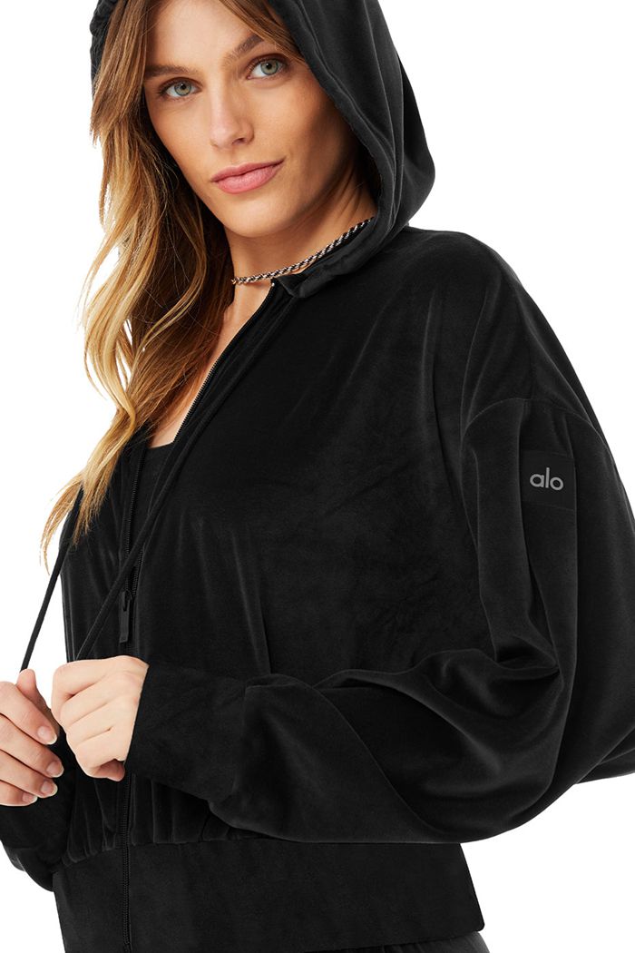 Sudadera Con Capucha Alo Yoga Velour Glimmer Full Zip Mujer Negros | 290371GNC