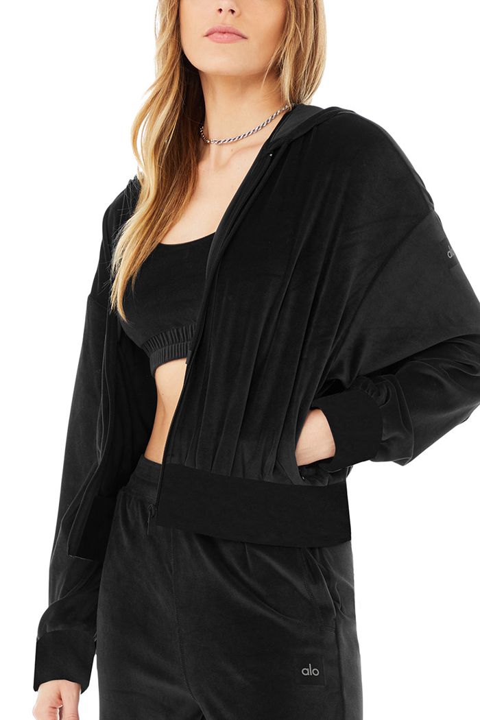 Sudadera Con Capucha Alo Yoga Velour Glimmer Full Zip Mujer Negros | 290371GNC