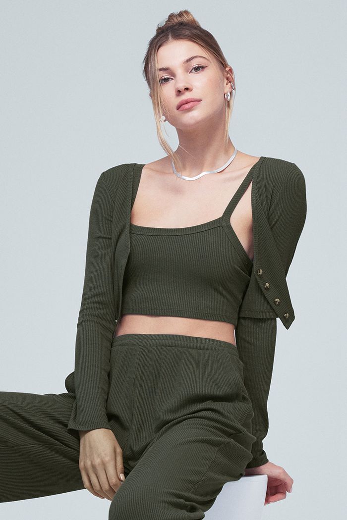 Sujetadores Alo Yoga Ribbed Crop Whisper Mujer Verdes Oscuro | 289435NMZ