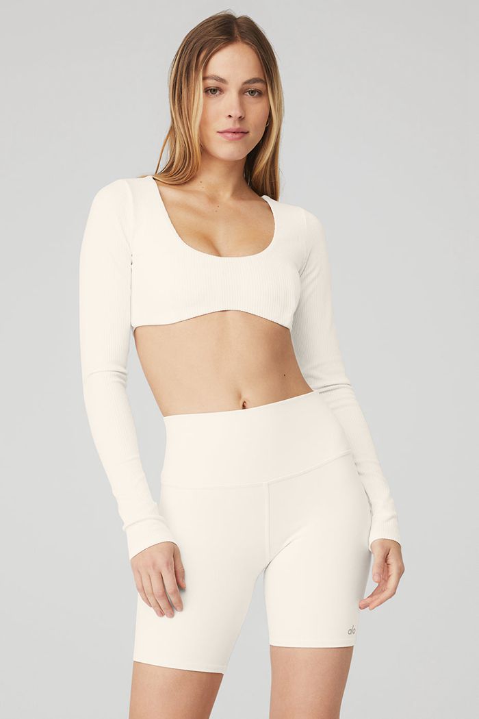 Sujetadores Alo Yoga Ribbed Defined Long Sleeve Mujer Blancos | 294365QWR