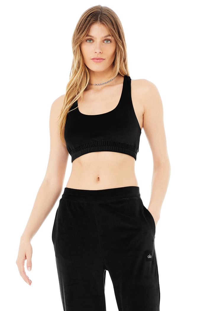 Sujetadores Alo Yoga Velour Glimmer Scoop Neck Mujer Negros | 109742CVN