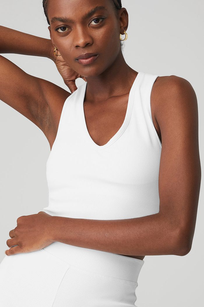 Tank Tops Alo Yoga Goddess Ribbed Cropped Racerback Mujer Blancos | 781026RSI