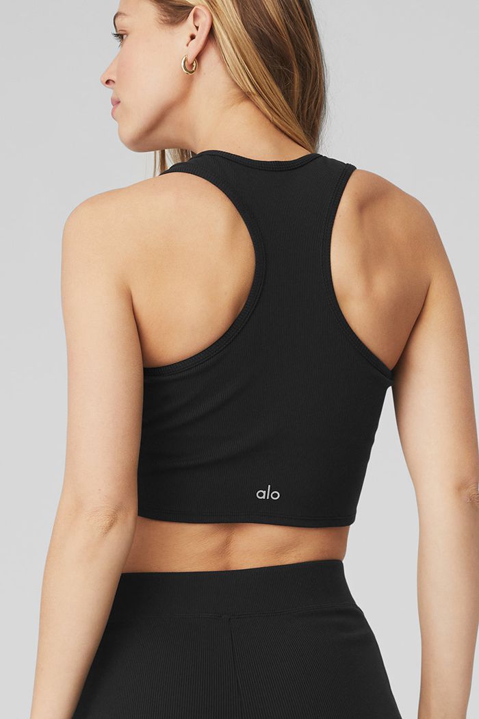 Tank Tops Alo Yoga Goddess Ribbed Cropped Racerback Mujer Negros | 832094TUD